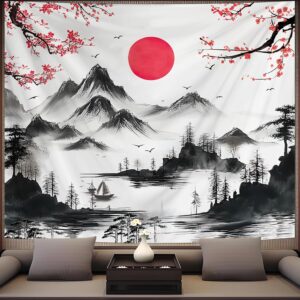 Alened Anime Japanese Wall Tapestry for Bedroom, Black and Red Forest Nature Tapestries Aesthetic Wall Hanging, Mountain Trees Sunrise Landscape Decor for Living Room Dorm (51" x 60")