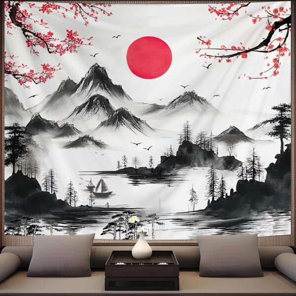 Alened Anime Japanese Wall Tapestry for Bedroom, Black and Red Forest Nature Tapestries Aesthetic Wall Hanging, Mountain Trees Sunrise Landscape Decor for Living Room Dorm (51" x 60")