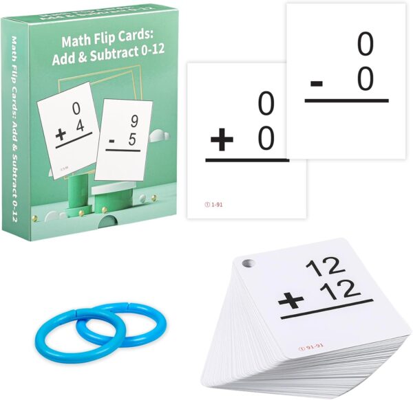 Addition and Subtraction Math Flash Cards, Math Games for Preschool (Pre-k), Kindergarten,1st 2nd 3rd 4th 5th 6th Grade, Facts 0-12 Learning Flashcards for Kids Ages 6-12