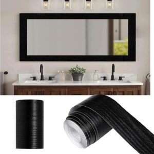10M Black Wood Grain Mirror Frame Border Peel and Stick Wallpaper, Removable PVC Waterproof Bathroom Mirror Tape Sticker Trim, Kitchen Wallpaper Self Adhesive Decor Sticker 2" x 393"
