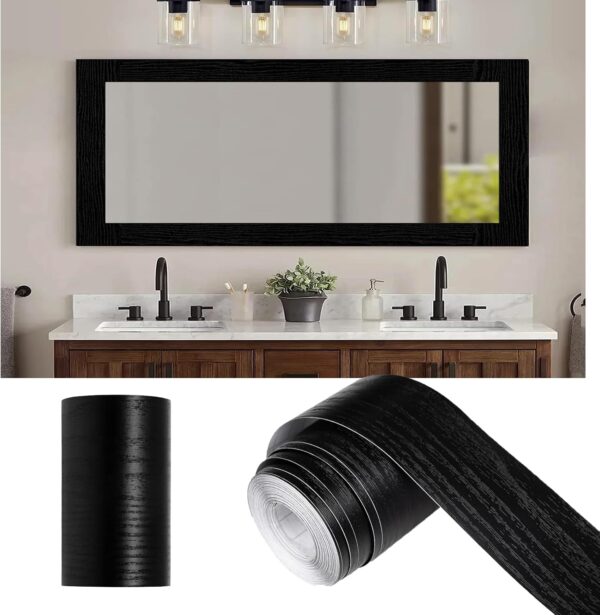 10M Black Wood Grain Mirror Frame Border Peel and Stick Wallpaper, Removable PVC Waterproof Bathroom Mirror Tape Sticker Trim, Kitchen Wallpaper Self Adhesive Decor Sticker 2" x 393"